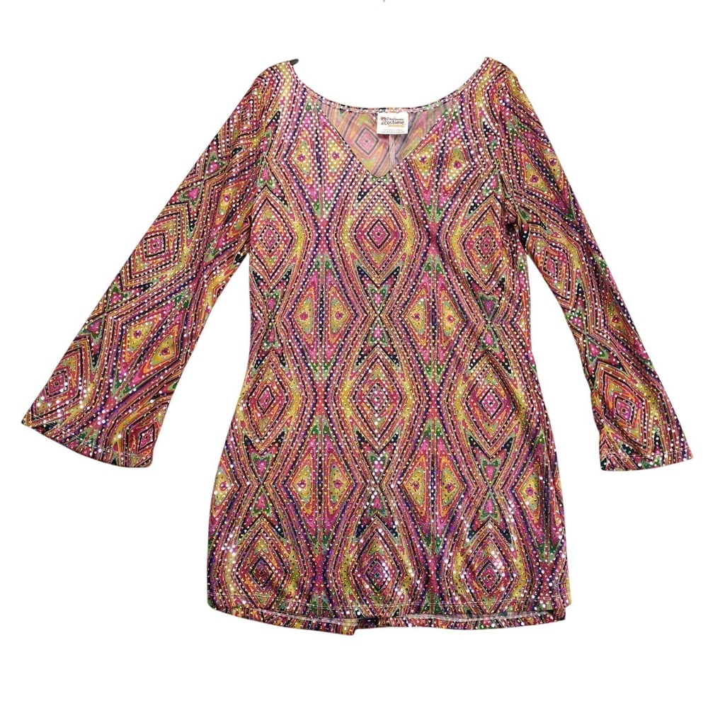 California Costume Disco Dolly Sequin Mini Dress L Multicolor Flare Sleeve Party